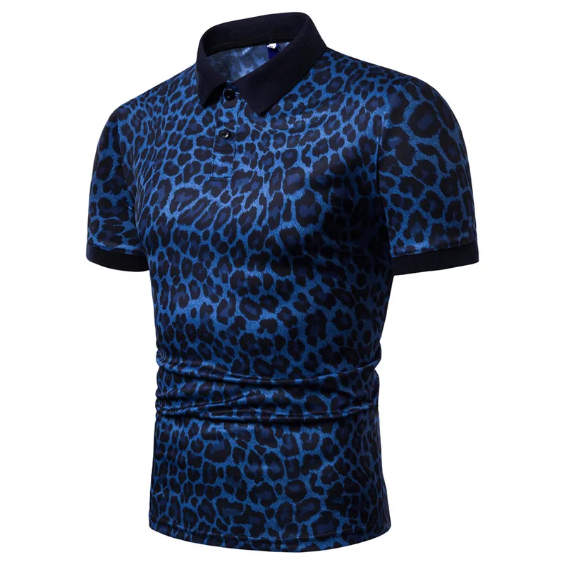 Fashion New Summer Casual T Shirt Men Short Sleeve Turn Down Collar Slim Fit Shirt Sexy leopard print polo shirt