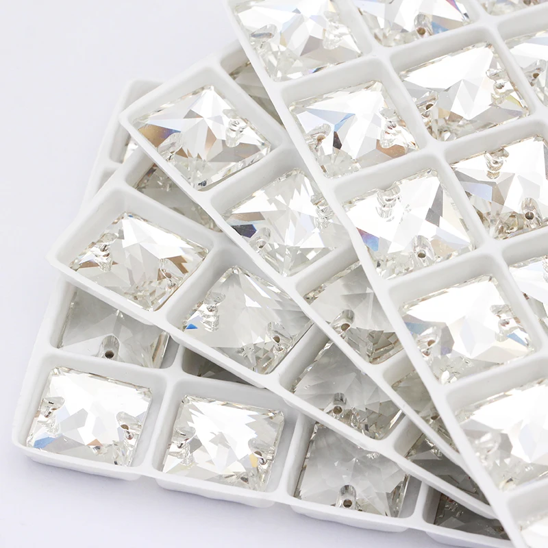 Twinkling Fancy Square K9 Crystal Glass Rhinestones Buttons Flat Back Rhinestone With Holes For Sew On Wedding Dress Decorations