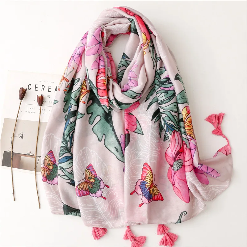 2022 New Cotton Flower Print Tassel Scarf Shawls Long Soft Blossom Floral Wrap Hijab Scarves Free Shipping