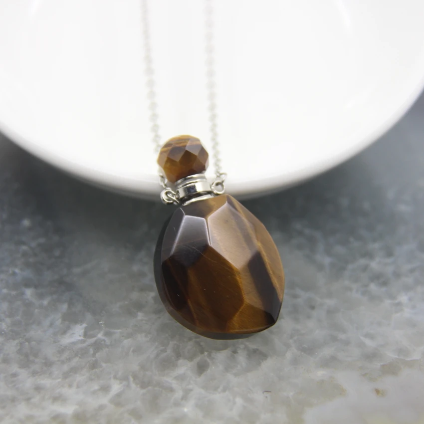 Plated Silvery Necklaces Faceted Gems Stone Perfume Bottle Pendant,Amethysts Amazonite Quartz Essential Oil Diffuser Vial Charms