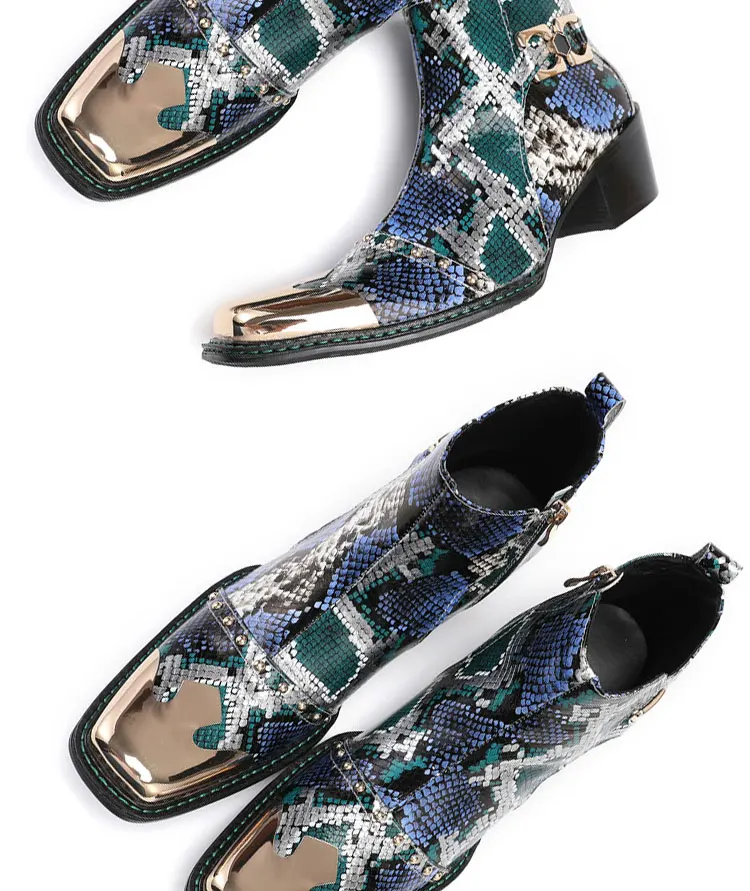 Men's Cowhide Serpentine Print Metal Decor Pointed Toe Belt High‑Heel Short Boots Western Cowboy Boots For Stage Show Party