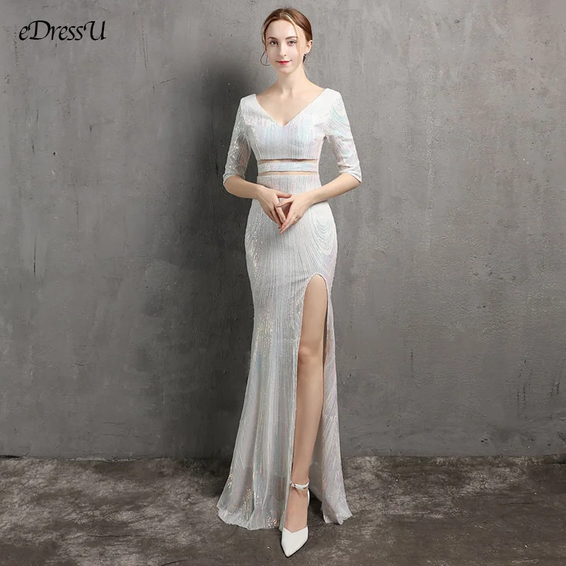 

Sexy Split Evening Dress Sequins Pattern Party Dress High Quality Patchwork V-neck Mermaid Dress Formal Prom Dress YNY-18386