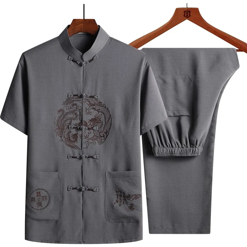 Novelty New Tang Men's Cotton Linen Clothes Short Sleeve Loose Wu Shu Kung Fu Suit Chinese Traditional Embroider Tai Chi Sets