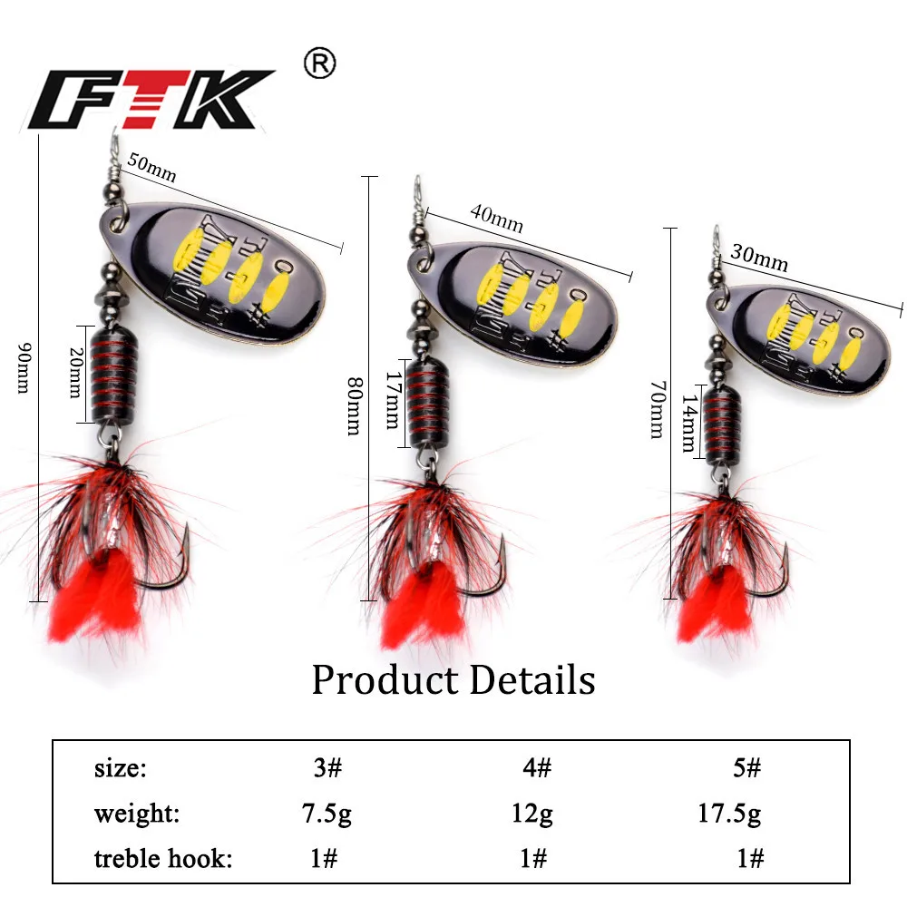 FTK Metal Fishing Lure Spinner Bait 7.5g 12g 17.5g Hard Spoon Bass Lures With Feather Treble Hooks For Pike Fishing