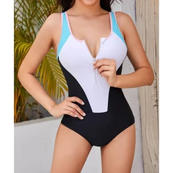 Sleeveless Rash Guard Women Athletics Zipper One Piece Swimsuit Print Swimwear Push Up Swim Suit High Neck Monokini Patchwork