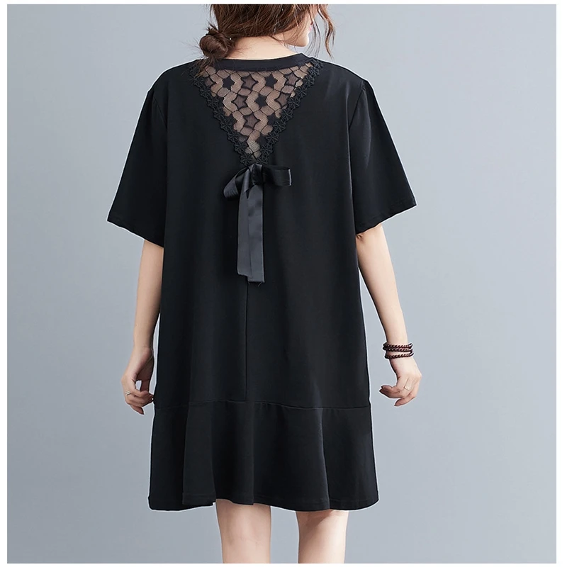 Women's Lace Stitching Halter Bow Ruffled Casual Dress, Large Size Mini Dress, 7XL 8XL 9XL, New Fashion, 148cm