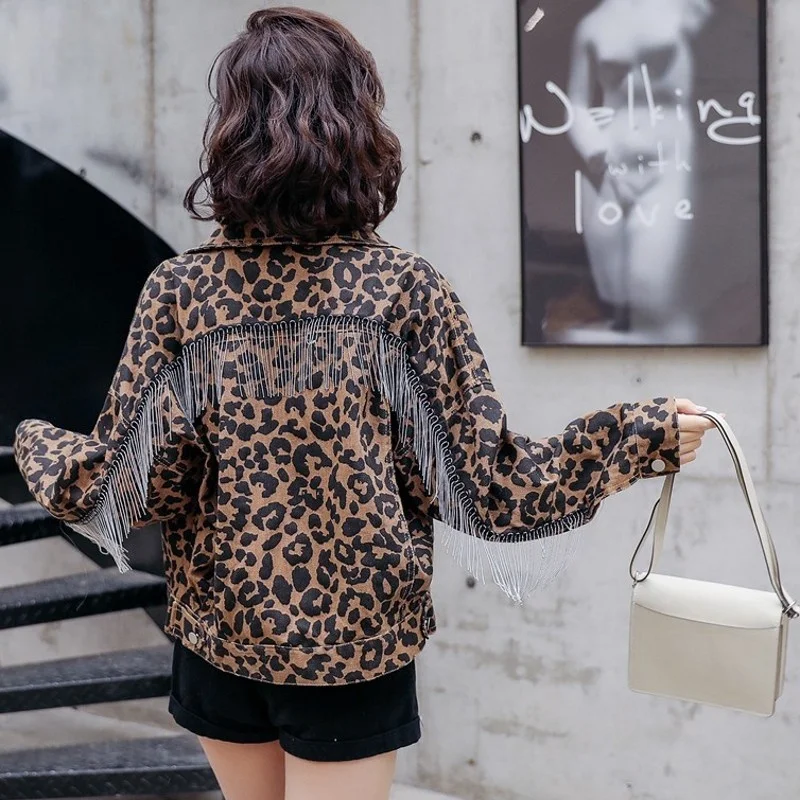 Fashion New High Street Womens Leopard Chain Tassel Loose Jackets Long Batwing Sleeve Boy Friend Style Casual Female Short Coats