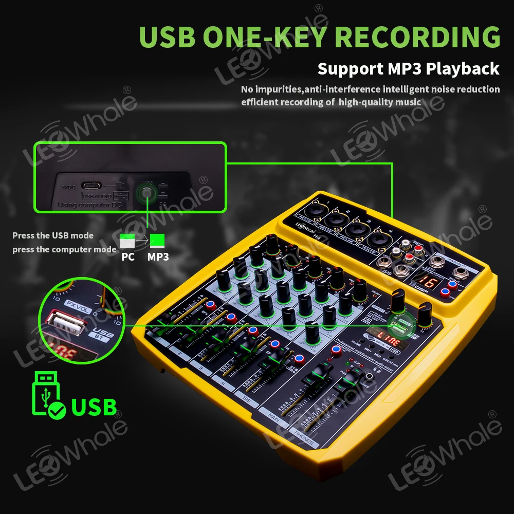 Mesa de som Digital 6 canais profissional portátil Interfaz de DJ audio  With 16DSP Effects fone Bluetooth Monitor 48v de phantom power