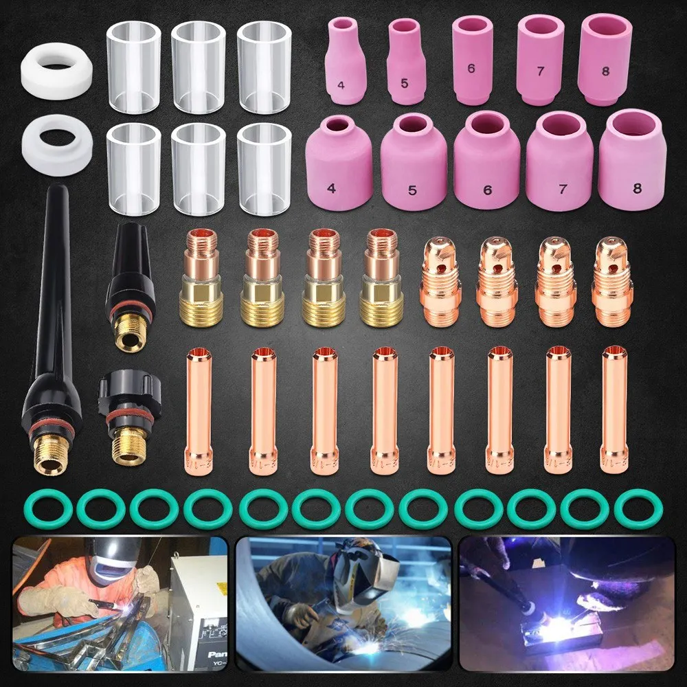 49PCS TIG Welding Torch Stubby Gas Lens #10 Pyrex Glass Cup Kit for WP-17/18/26