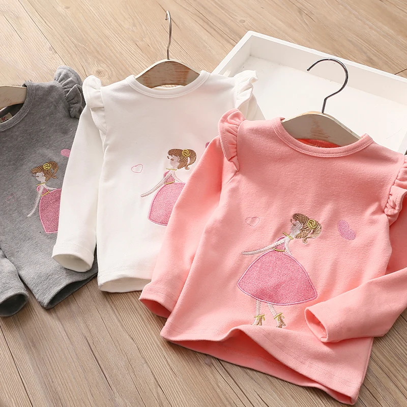 Spring Autumn 2 3 4 6 8 10 Years Baby Children\'S Clothing Long Puff Sleeve Solid Color Cartoon Girl Basic T-Shirt For Kids Girls