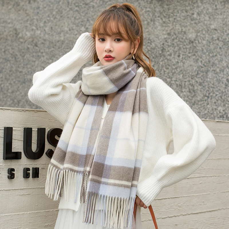 Winter 100% Wool Scarf Women Pink Plaid Shawls and Wraps Echarpe Warm Woolen Pashmina for Ladies Cashmere Scarves Foulard Femme