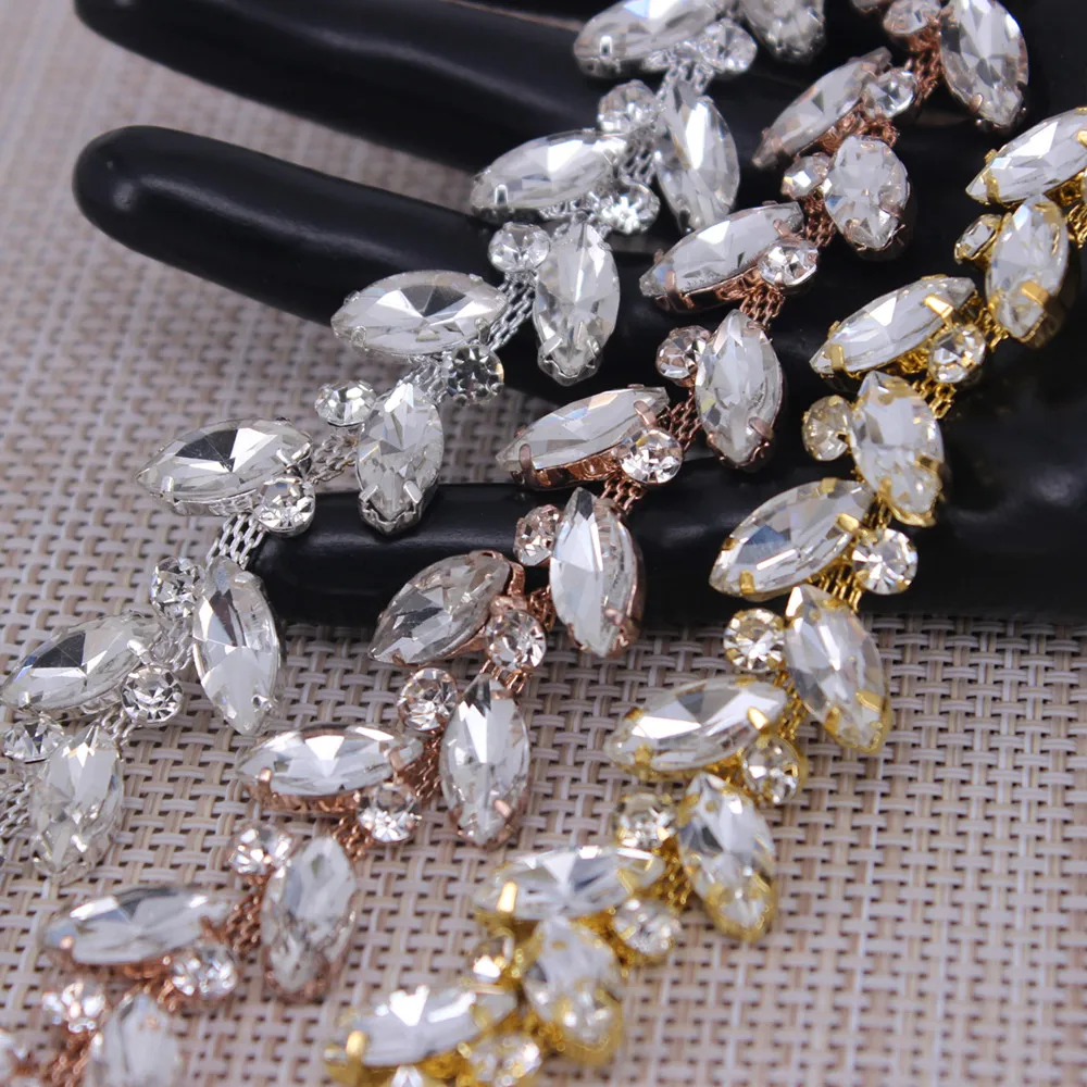 

Brilliant Leaves shape crystal rose gold ,gold rhinestones trim metal chain Ribbon for dress, Hair decoration accessories