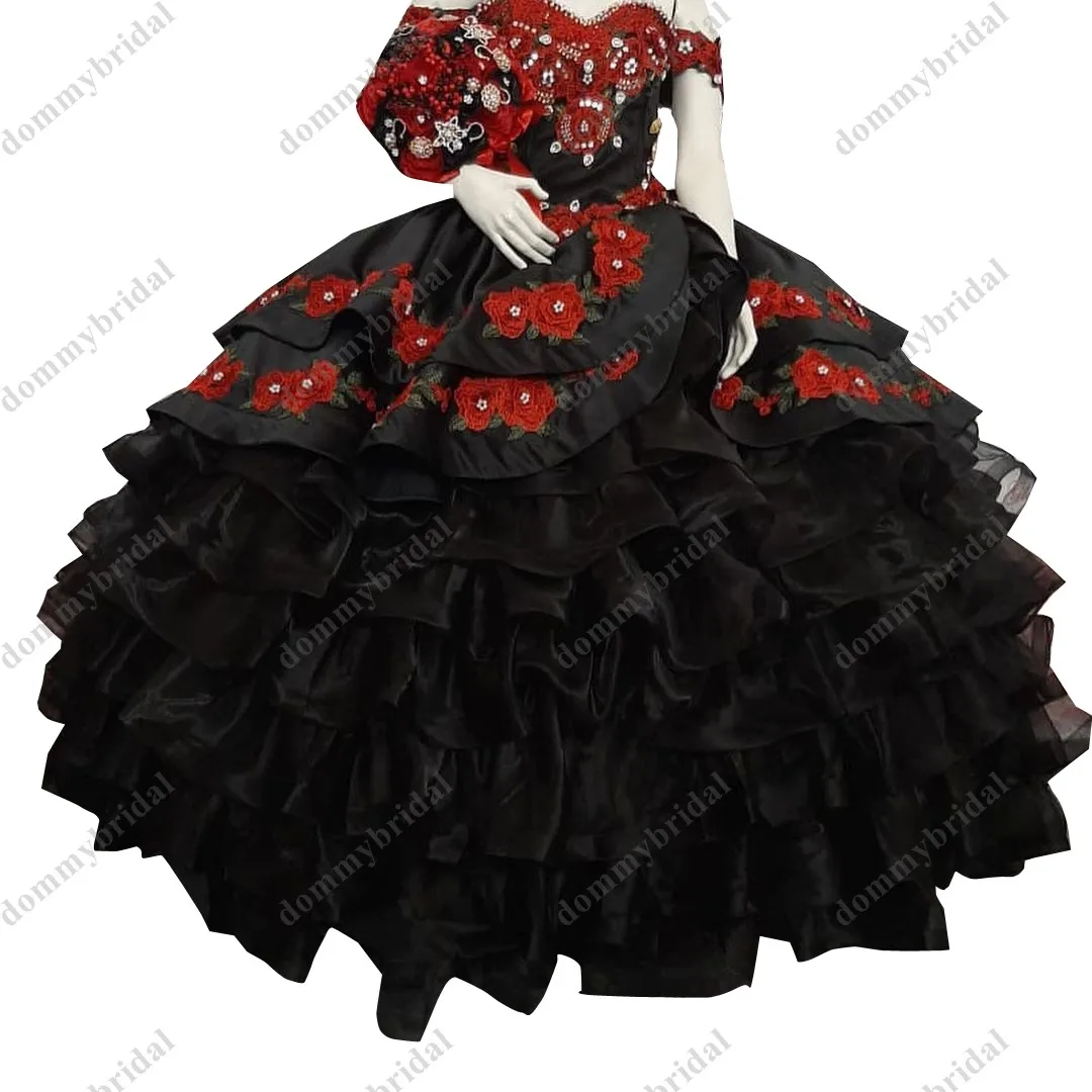 2023 Modest Red Hoa Hoa Khuôn Mẫu Ngọc Trai Bóng Gown Đen Quinceañera Dresses Charro De Phong Cách Mexico Chính Thức Xù XV