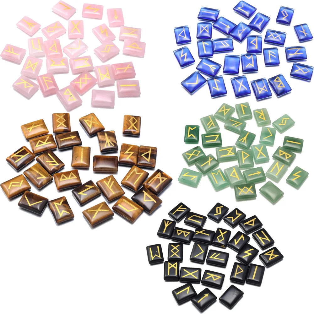 Wholesale 25pcs/lot Natural tiger eye Stone Viking Runes Amulet Set Reiki Healing Crystals Divination Tumbled rectangle Stones