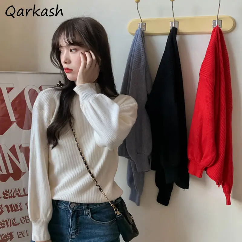 

Pullovers Women Ulzzang Simple All-match Vintage Sweater Slim Mock Neck Jumpers Solid Sueter Mujer Harajuku Knitwear Ins Clothes