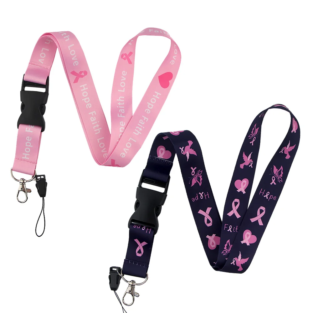 ER040 Breast Cancer Awareness Pink Ribbon Lanyard Badge ID Lanyards Mobile Phone Rope Key Lanyard Neck Straps Accessories