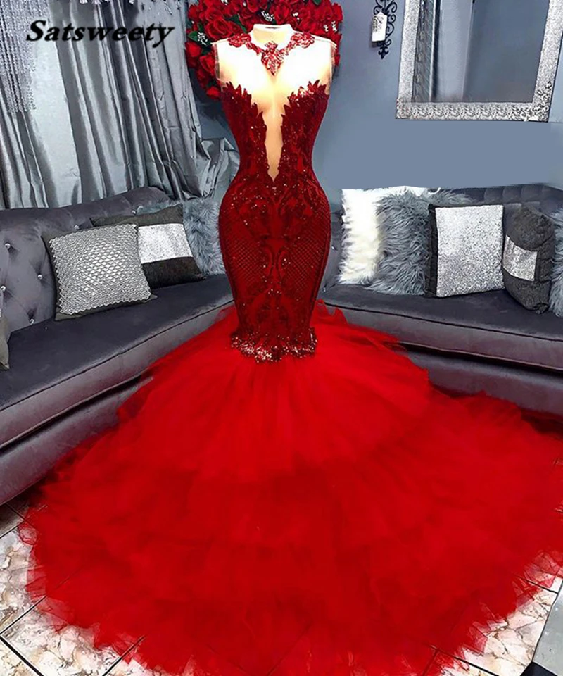 Long Red Prom Dresses Elegant Mermaid Ruffles Tulle African Black Girls Gala Prom Party Night Gowns