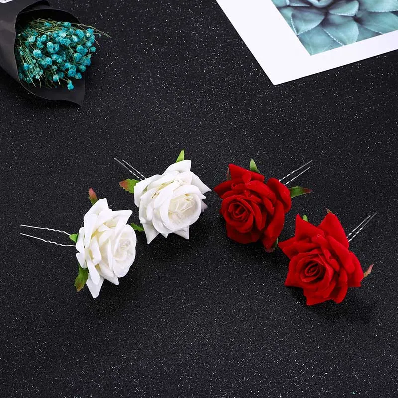U Shape Hairpin Red White Artificial Rose Flower Hair Pins Sticks Clips Bride Noiva Wedding Hair Accessories Party Headpieces
