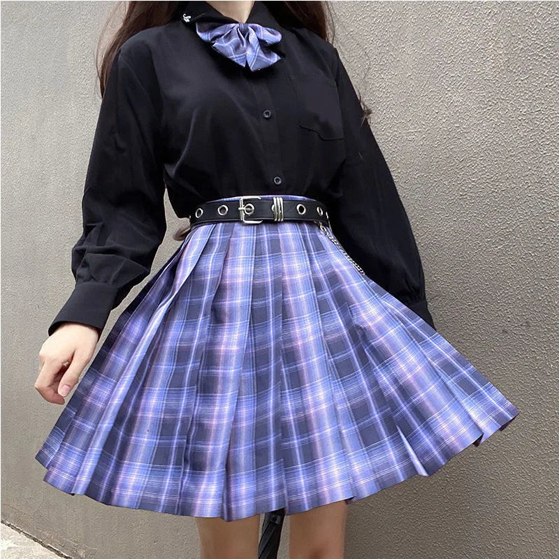 [Romantic Athanasy] Long/Short Sleeve Stundent Lady Girls High Waist Plaid Pleated Skirts JK School Uniform Anime Clothes  Black