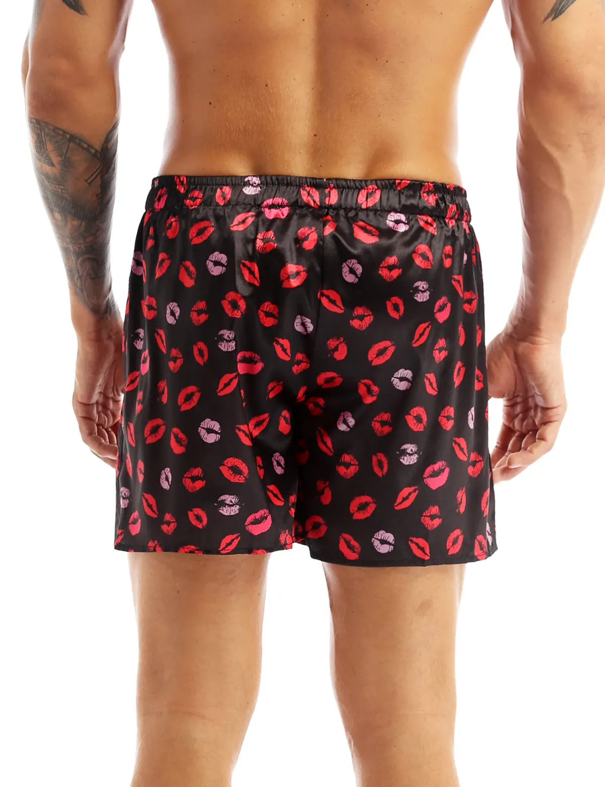 Calção de boxer masculina de seda cetim, calção solta com estampa de coração ou lábio para o verão, pijama esportivo