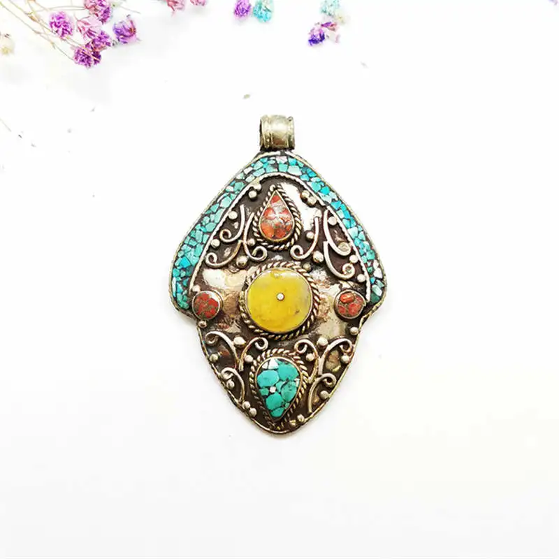 Vintage Metal Pendant Tibetan Jewelry Copper Inlay Colorful Stone Big Pendants TBP519