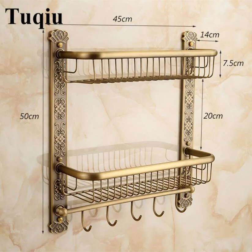 

Настенная полка Vidric для ванной комнаты из античной латуни с вешалкой для полотенец и крючками для халатов, полка для ванны, шампуня, резная угловая полка двойные уровни