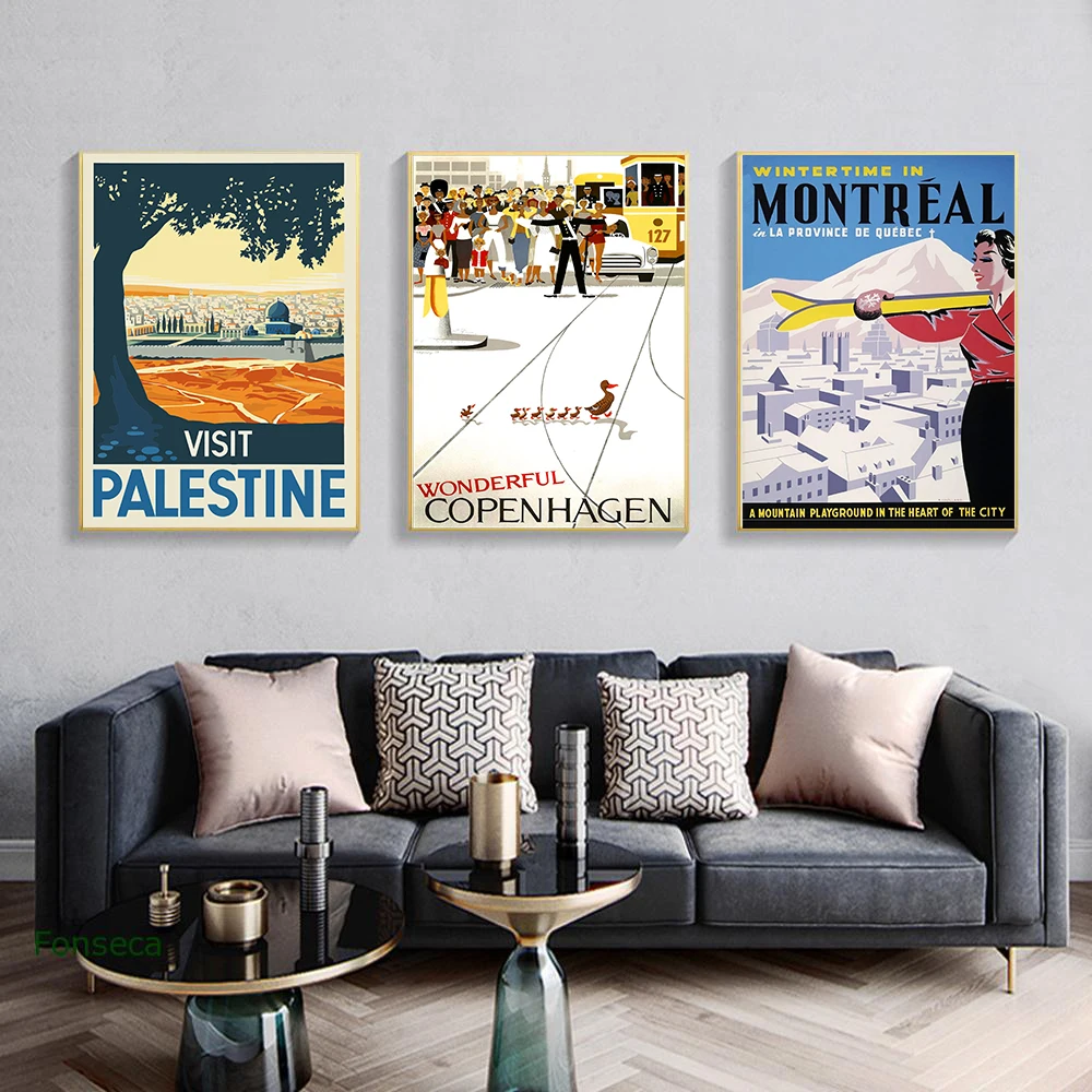 Famous City Travel Poster Cartoon Mexico Montreal New Orleans Landscape Canvas Painting Wall Art Pictures For Living Room Decor