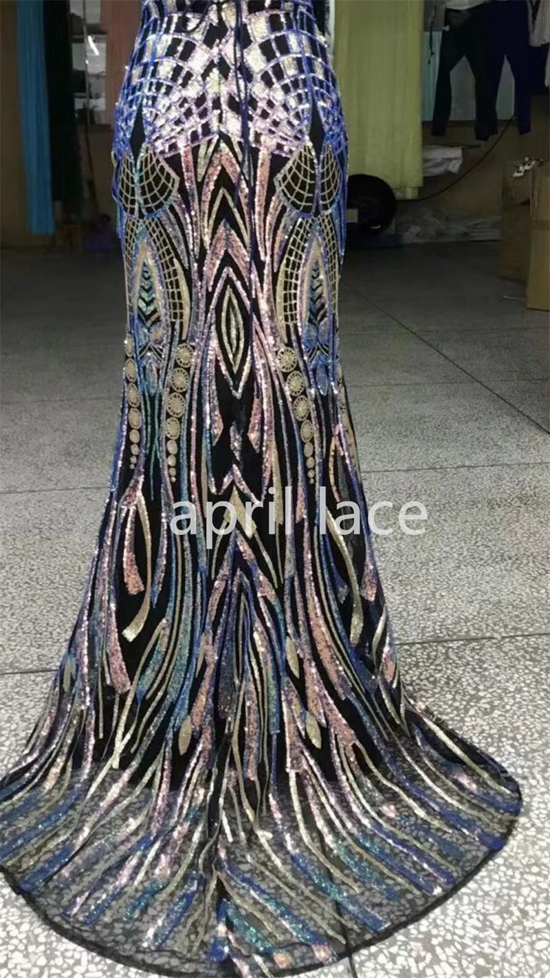 Haute Couture 5Yards/Lot  Colorful  Sequin Best Quality Luxury Embroidery Black Tulle Mesh Lace Fabric for Wedding Bridal Dress