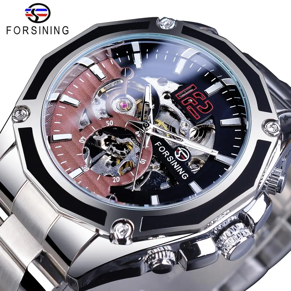 Forsining Open Work Stainless Steel Luminours Military Open Work Mens Mechanical Sport Automatic Wrist Watches Top Brand Luxury