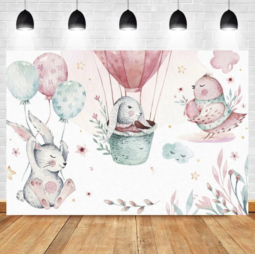 

Laeacco Baby Birthday Photophone Balloons Rabbits Leaves Stars Newborn Photography Backgrounds Photo Backdrops For Photo Studio