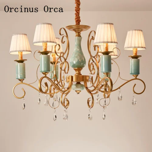 

American luxury Blue Crystal Chandelier living room dining room bedroom New Retro creative decorative ceramic Chandelier