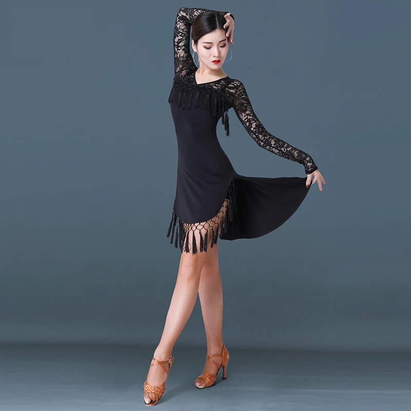 

Sexy Latin Dance Dress Women Salsa Tango Cha Cha Samba Rumba Competition Fringe Hollow lace skirt Dresses Ladies Ballroom