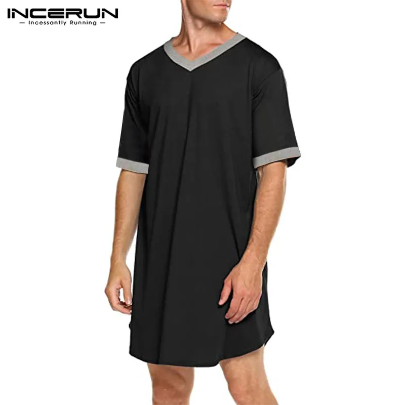 INCERUN Men Sleep Robes Nightgown Short Sleeve V Neck Loose Homewear Comfortable Patchwork Mens Bathrobes Dressing Gown S-5XL