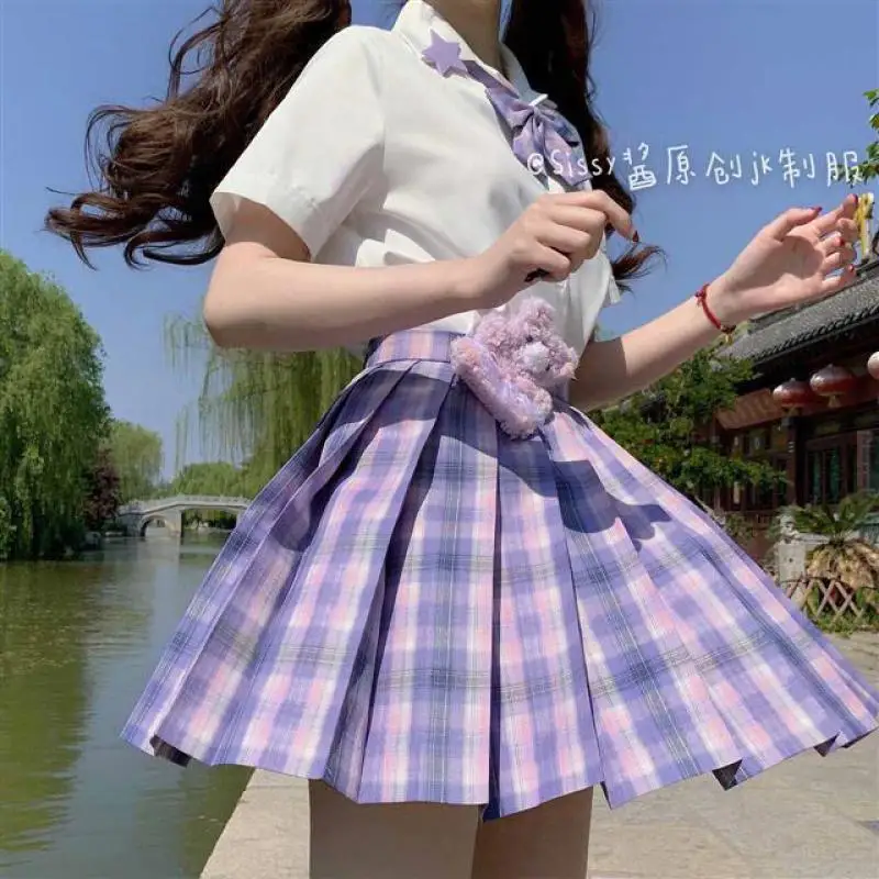 Saia plissada de cintura alta para meninas, vestido curto xadrez para meninas, uniforme escolar de jk, harajuku, roupas de estudante