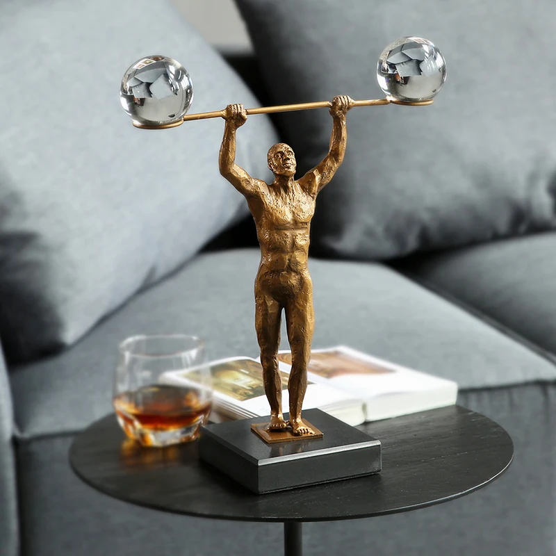 Metal Sports Figure Sculpture Modern Lifting Weights Art Sculpture Statues For Home Decor Craft Figurine Marble Ornament Office