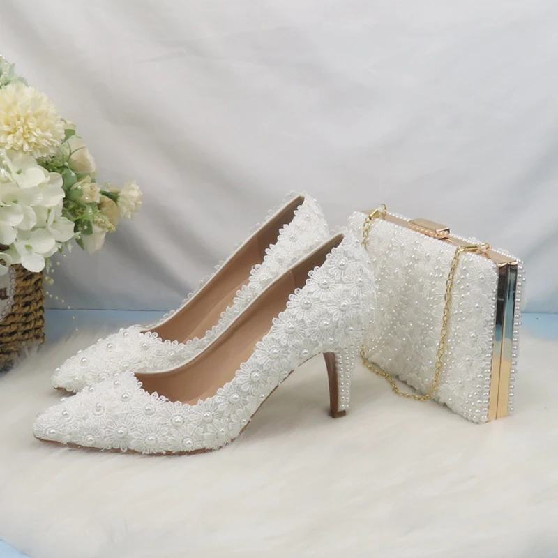 BaoYaFang Brand White Flower Pearl Bridal wedding shoes and Purse Set Pointed Toe Thin High Heel Party Evening shoes and bag set