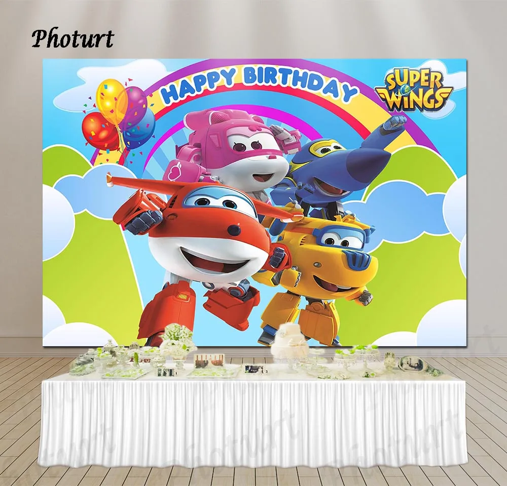 

PHOTURT Super Wings Background Kids Birthday Party Backdrop Aircraft Rescue Team Vinyl Banner Photography Studios Props