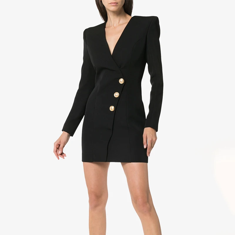 S-XL High Quality 2021 Pure Black V-neck Long Sleeve Three Gold Buttons Slim Fit Wrap Commuter Casual Woman Dress