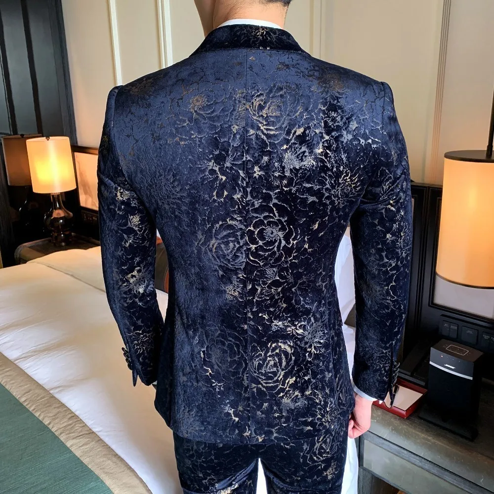 Wedding Business Social Smoking Mariage Homme Stylish Prom Jackets Club Gentleman Mas Suit Printing Velvet Dinner Full Dress Men