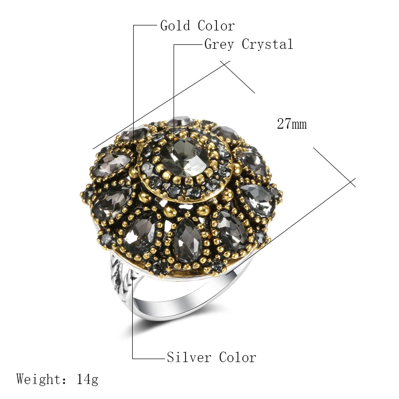 Kinel Luxury Vintage Gray Cubic Zircon Big Rings For Women Antique Silver Color Crystal Flower Ring Wedding Engagement Jewelry