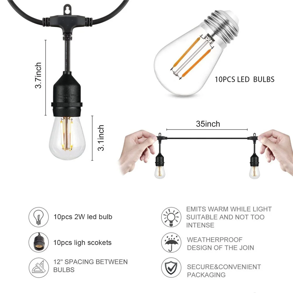 Tira de luces LED impermeables para decoración de jardín, bombillas S14 Edison conectables, festón para fiesta, vacaciones de Navidad, 10M