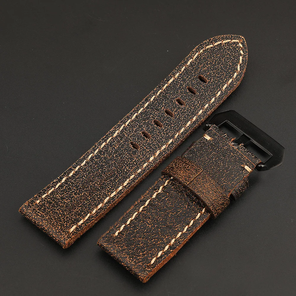 Hand-Cracked Old Vintage Top Layer Leather Watchband 22 24 26MM For 47MM PAM Soft Men\'s Watch Bracelet Vintage Style