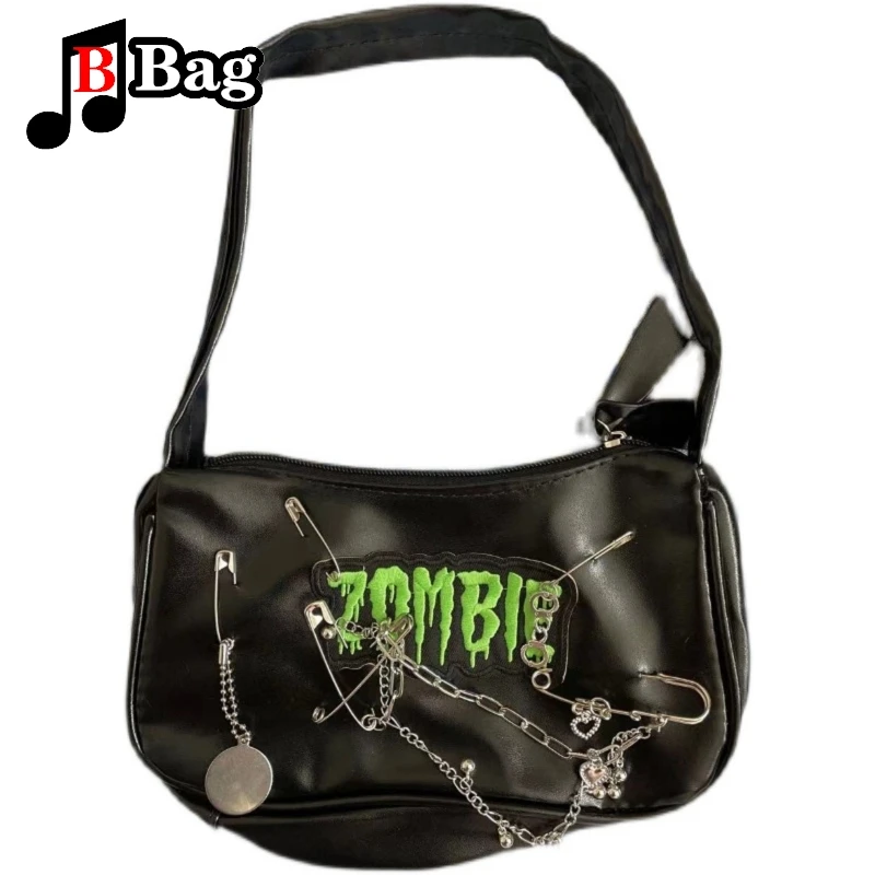 Y2K Girl punk bag women PU Metal pendant Handbag single shoulder underarm bag female Cool pin Zombie Gothic Lolita messenger bag