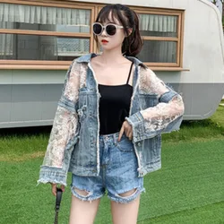 Autumn Fashion Streetwear Lace Patchwork Denim Jacket Women Embroidery 2024 Summer Patchwork Loose Jean Sunscreen Coat Female