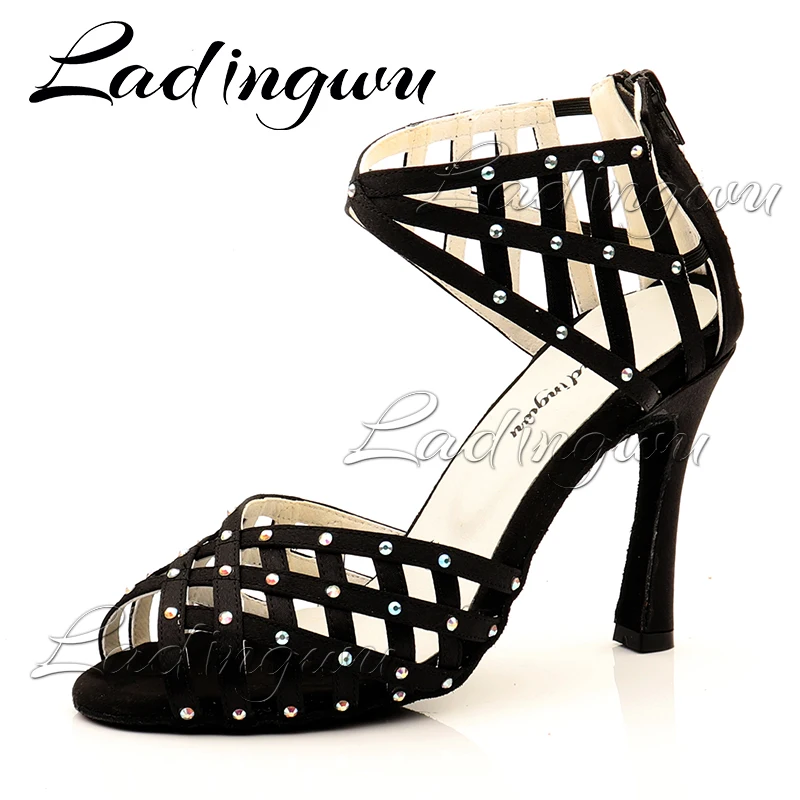 Ladingwu Dance Shoes Latin Women Salsa Indoor Sport Dance Shoes Ladies Geometric Composition Satin Rhinestones Dance Boots