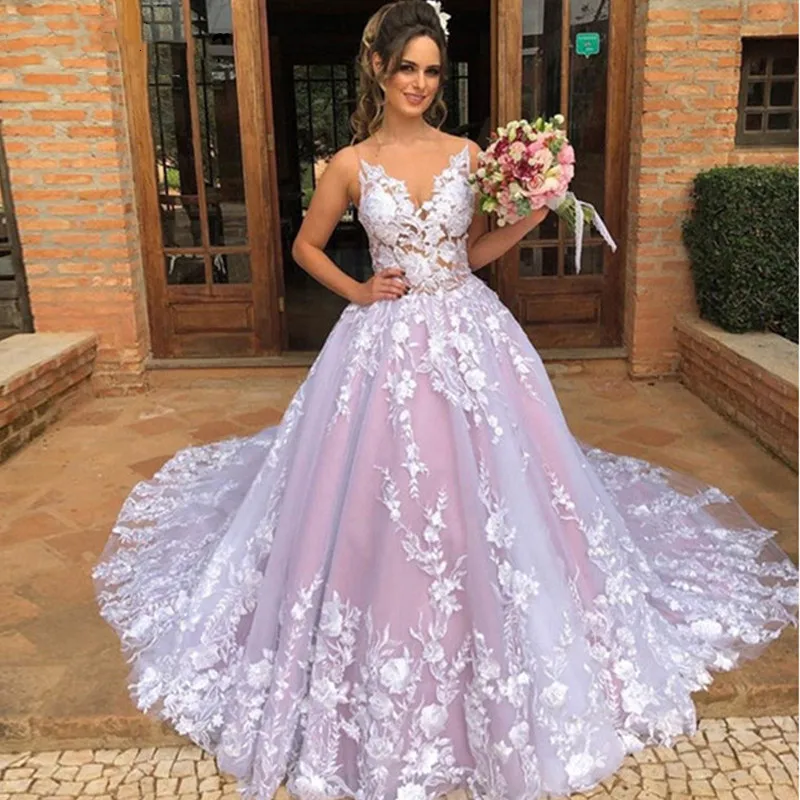 

Pink V Neck Wedding Bridal Dress Sweep Train White Appliques Robe De Mariee Boho Dubai Arabic Abito Da Sposa Long Dresses