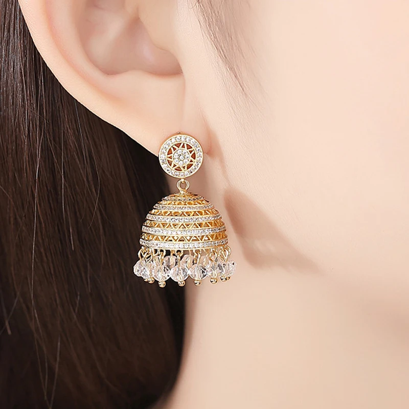 Ethnic Beads Tassel Crystal Zircon Indian Dubai Vintage Jhumka Jhumki Earrings Women Bollywood Bell Drop Dangle Earrings Jewelry