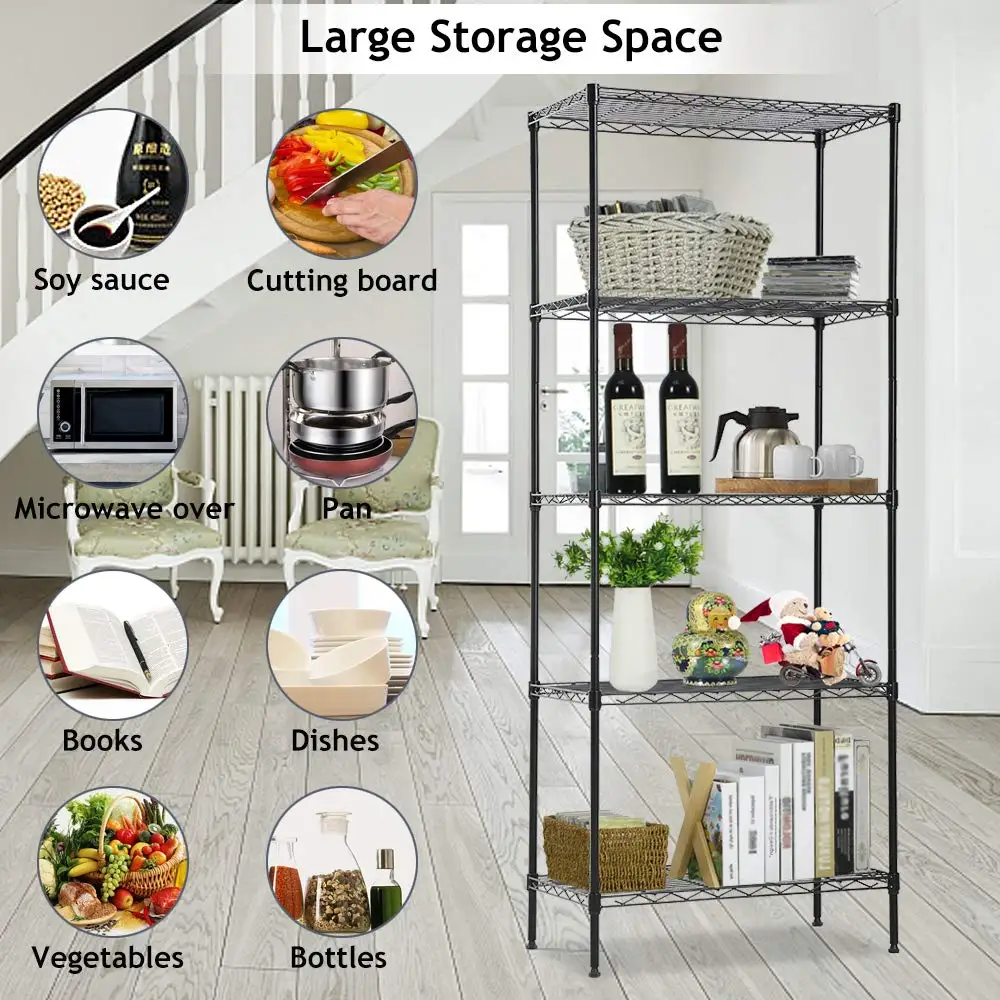 5 Tier Multi-use Carbon Steel Storage Rack Adjustable Kitchen Dishes Rack Book Shelves Storage Oragnizer Rack Stand Shelves