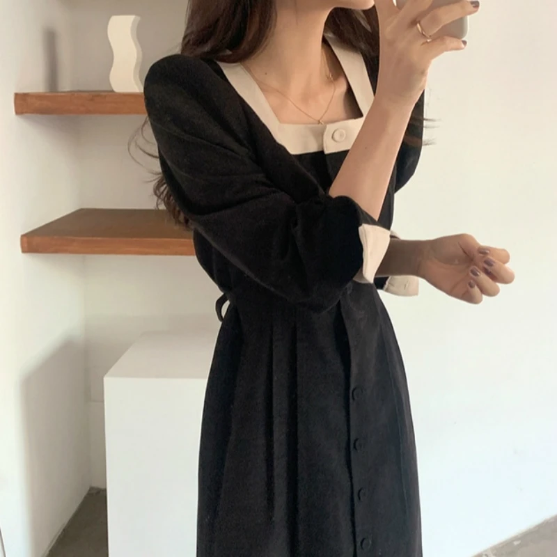 Women Elegant Square Collar Patchwork Long Shirt Dress Single Breasted Slim Waist Midi Dresses with Waistbelt