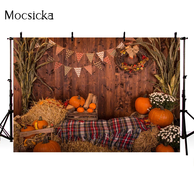 Funny Tree Thanksgiving Photography Background Wood Floor Barn Pumpkin Maple Leaves Baby Portrait Party Decoration Photo Studio